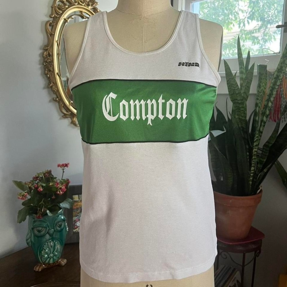 Super cool vintage Hind Compton tank top track singlet in green and‎ white - M